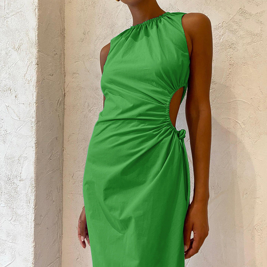 Summer New Fashion Green Cotton And Linen Round Neck Hollow Pleated Slim Pencil Skirt Dress Women