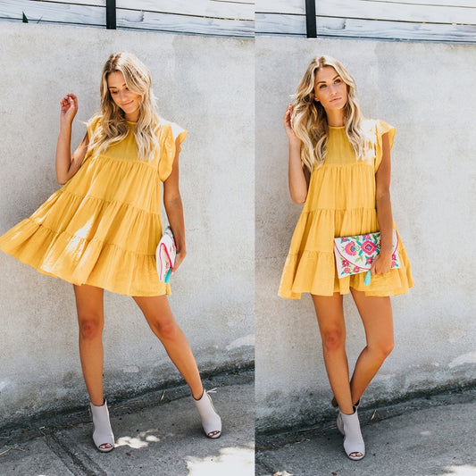 women cotton dresses Preppy style Stright patchwork solid yellow dress elegant summer vestidoes