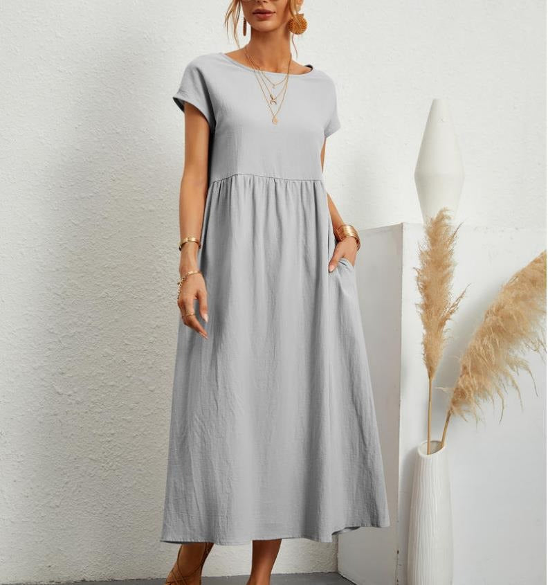 Solid color sleeveless loose pocket cotton linen dress